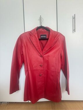 Bernardo Red Leather Blazer Jacket with Notched Collar
